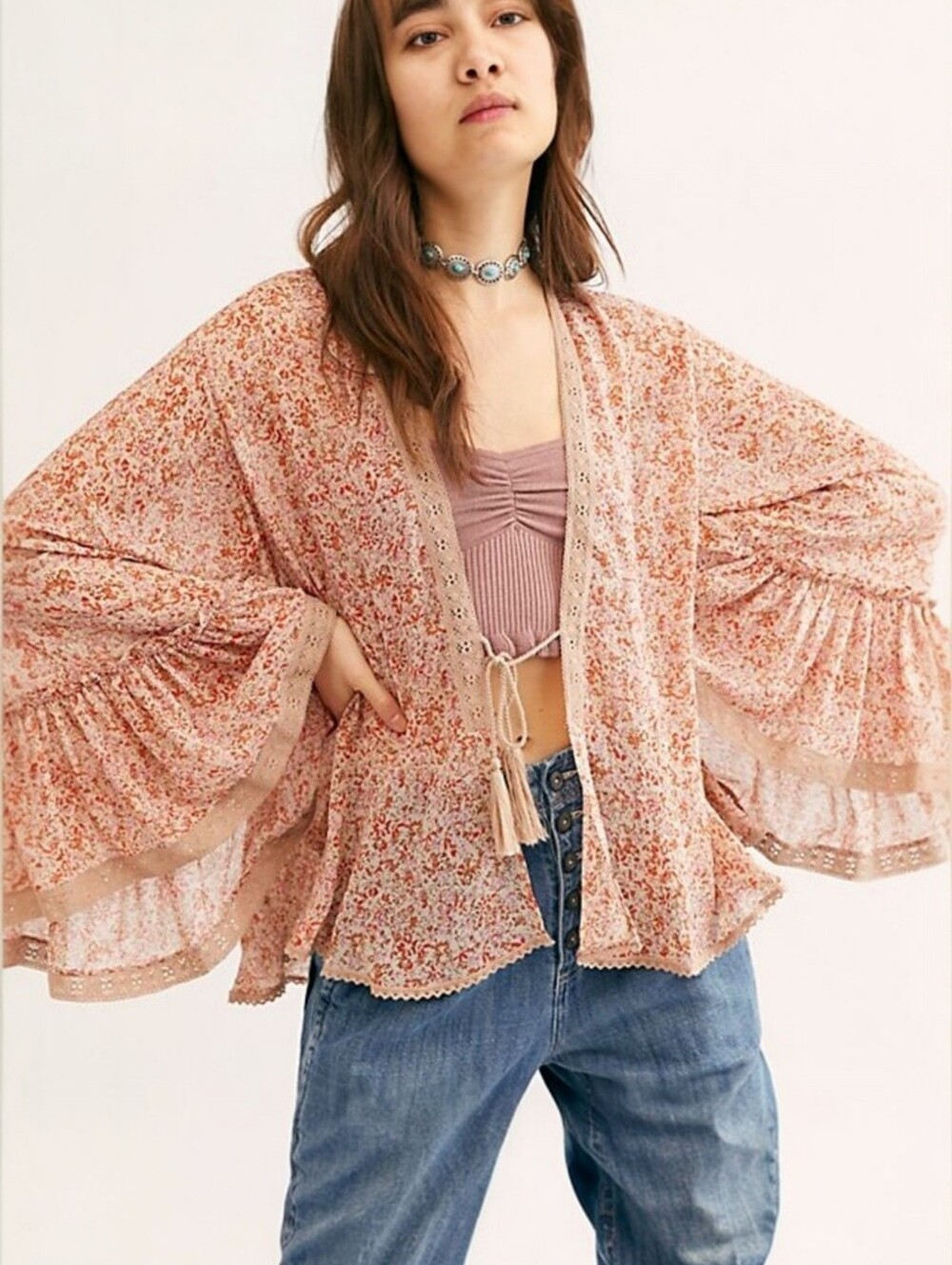 Free People Lola Floral Sheer Kimono W/ Crochet Trim - Size S